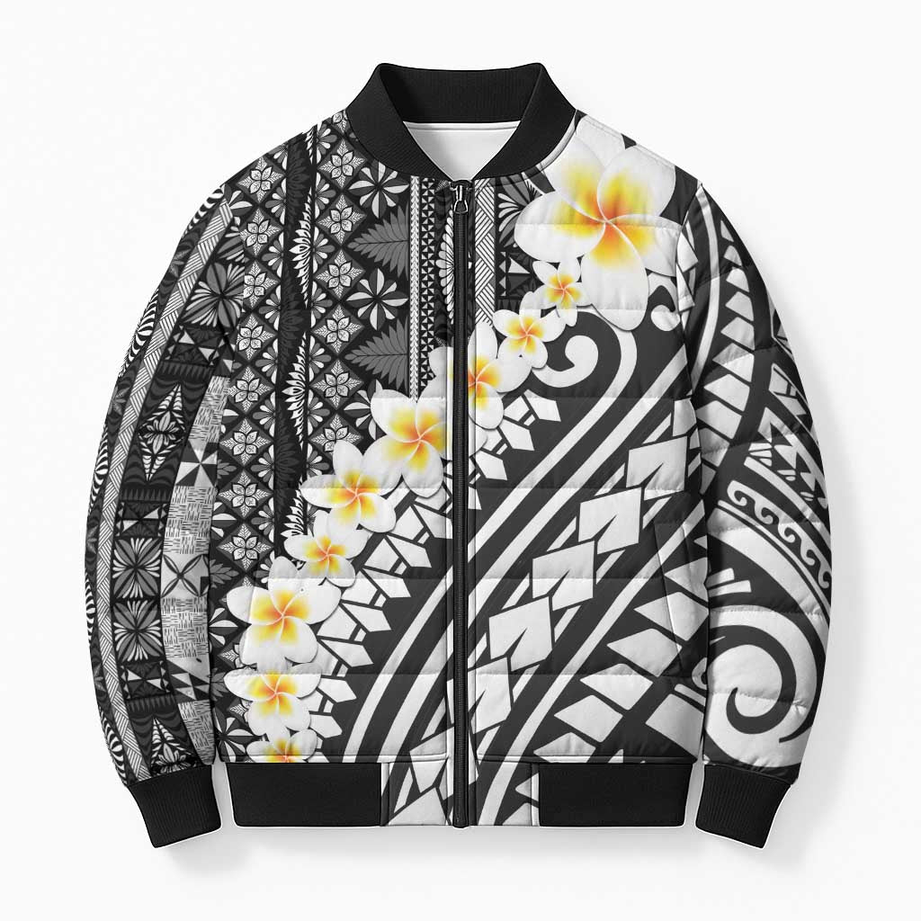 Black Vintage Tonga Ngatu Pattern With Plumeria Bomber Puffer Jacket - Polynesian Pride