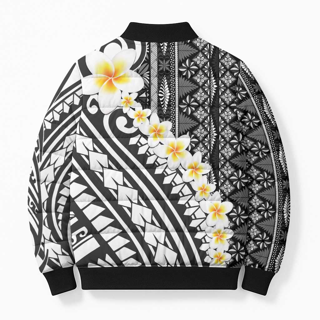 Black Vintage Tonga Ngatu Pattern With Plumeria Bomber Puffer Jacket - Polynesian Pride