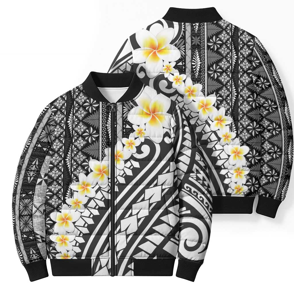 Black Vintage Tonga Ngatu Pattern With Plumeria Bomber Puffer Jacket - Polynesian Pride