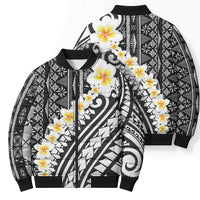 Black Vintage Tonga Ngatu Pattern With Plumeria Bomber Puffer Jacket - Polynesian Pride