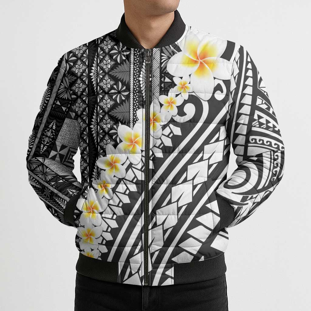 Black Vintage Tonga Ngatu Pattern With Plumeria Bomber Puffer Jacket - Polynesian Pride
