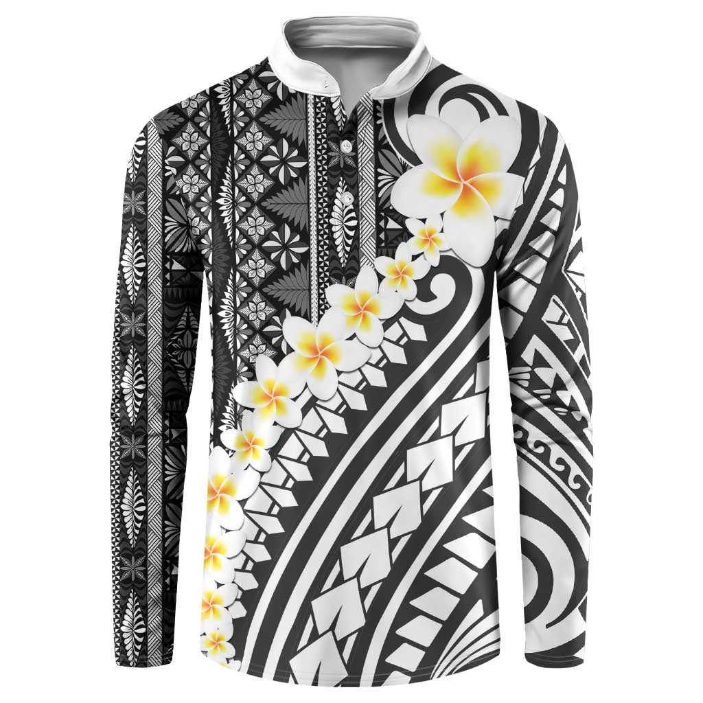 Black Vintage Tonga Ngatu Pattern With Plumeria Button Sweatshirt - Polynesian Pride