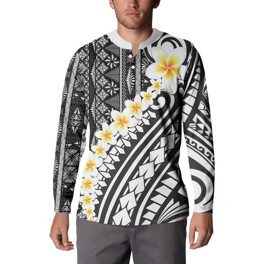 Black Vintage Tonga Ngatu Pattern With Plumeria Button Sweatshirt - Polynesian Pride