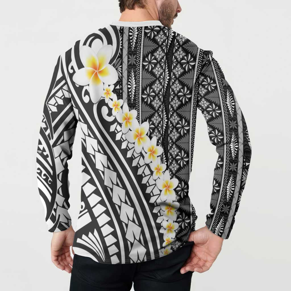 Black Vintage Tonga Ngatu Pattern With Plumeria Button Sweatshirt - Polynesian Pride