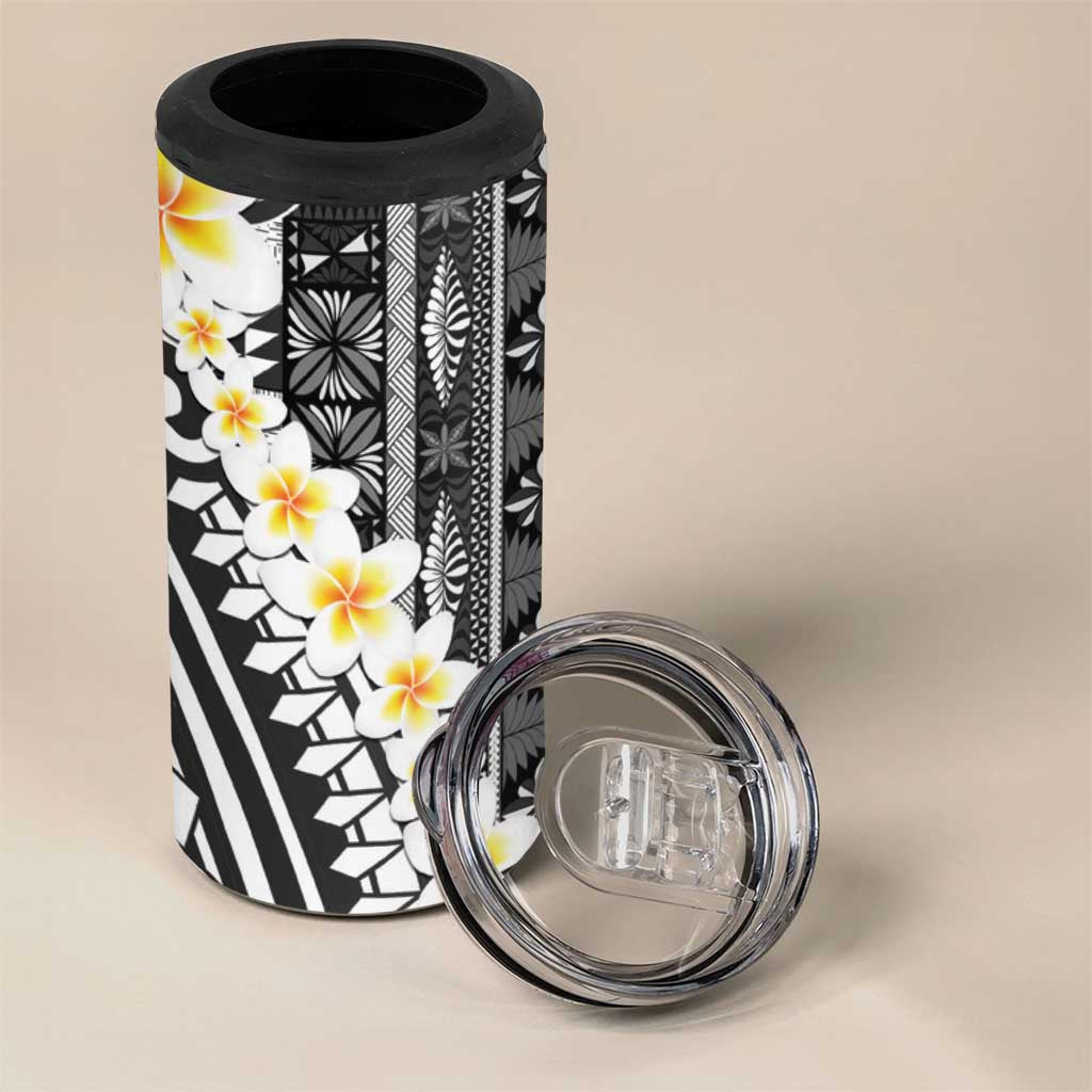 Black Vintage Tonga Ngatu Pattern With Plumeria 4 in 1 Can Cooler Tumbler - Polynesian Pride
