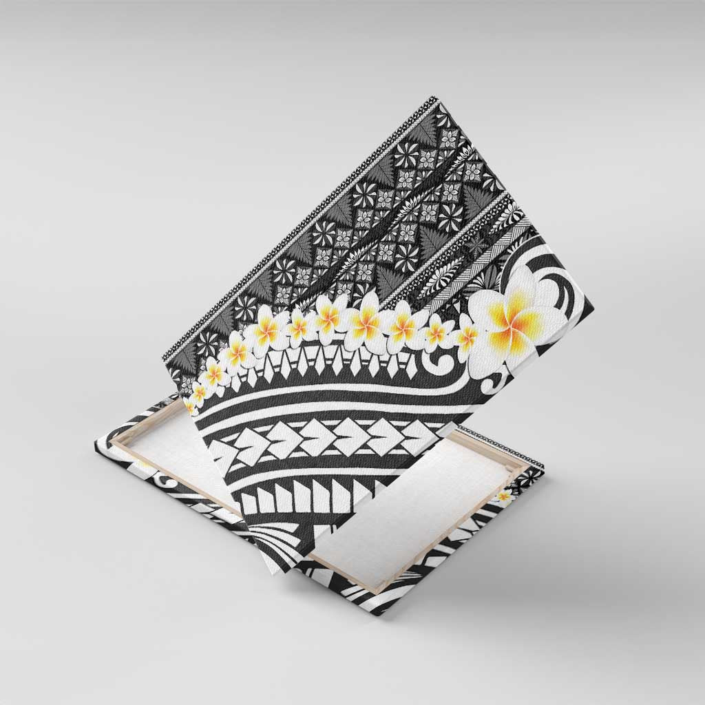 Black Vintage Tonga Ngatu Pattern With Plumeria Canvas Wall Art - Polynesian Pride