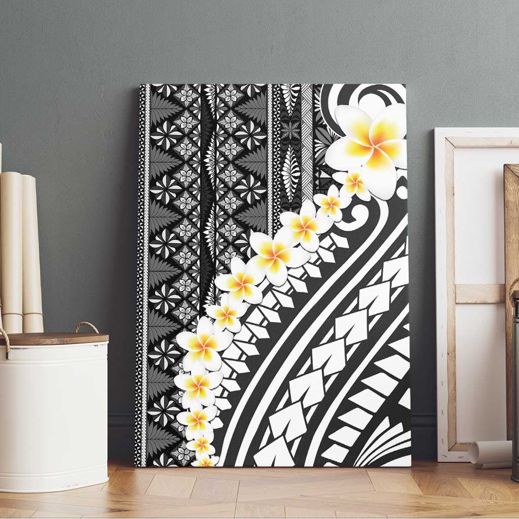 Black Vintage Tonga Ngatu Pattern With Plumeria Canvas Wall Art - Polynesian Pride