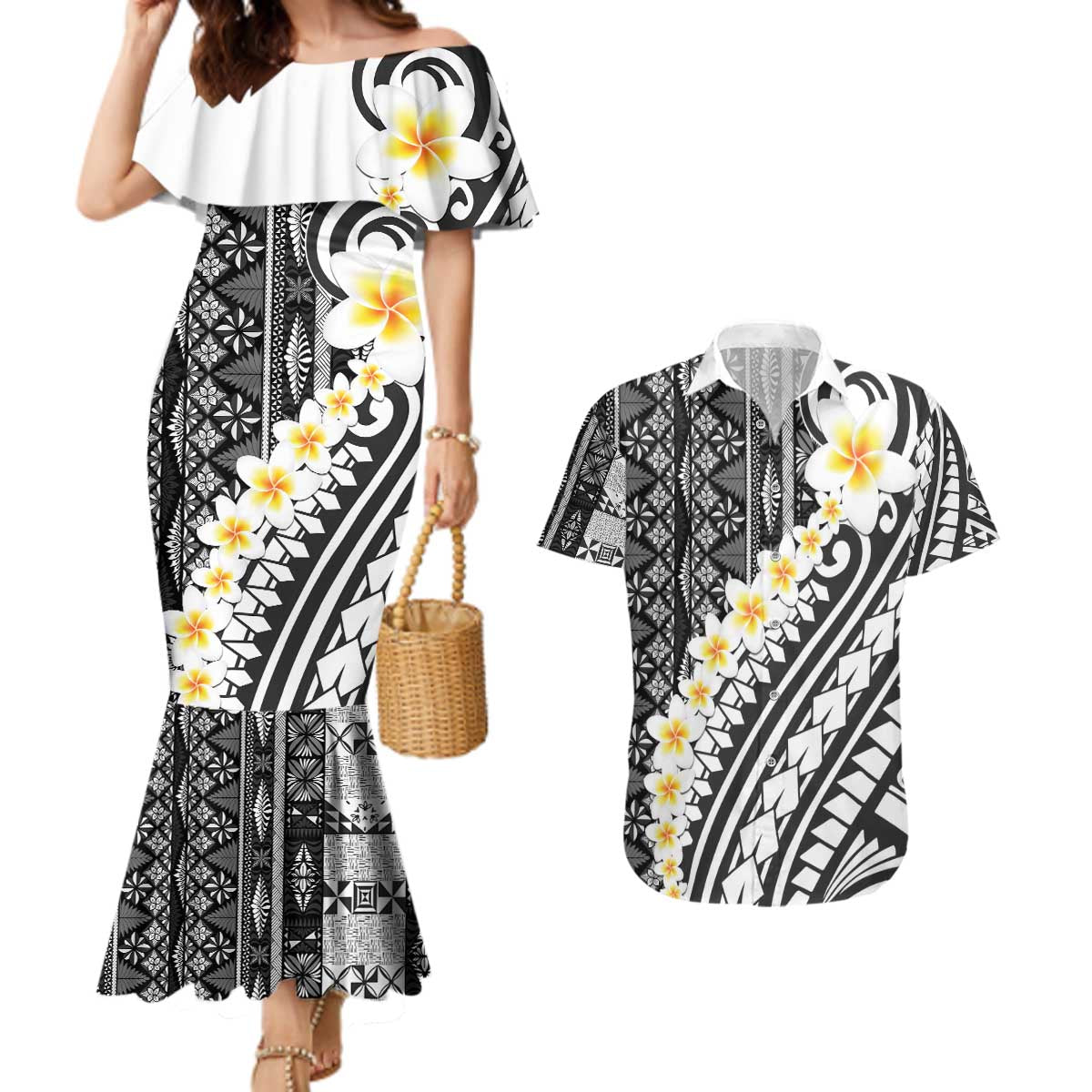 Black Vintage Tonga Ngatu Pattern With Plumeria Couples Matching Mermaid Dress and Hawaiian Shirt - Polynesian Pride