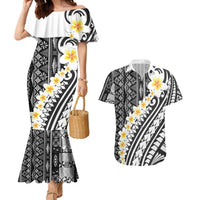 Black Vintage Tonga Ngatu Pattern With Plumeria Couples Matching Mermaid Dress and Hawaiian Shirt - Polynesian Pride
