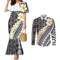 Black Vintage Tonga Ngatu Pattern With Plumeria Couples Matching Mermaid Dress and Long Sleeve Button Shirt - Polynesian Pride