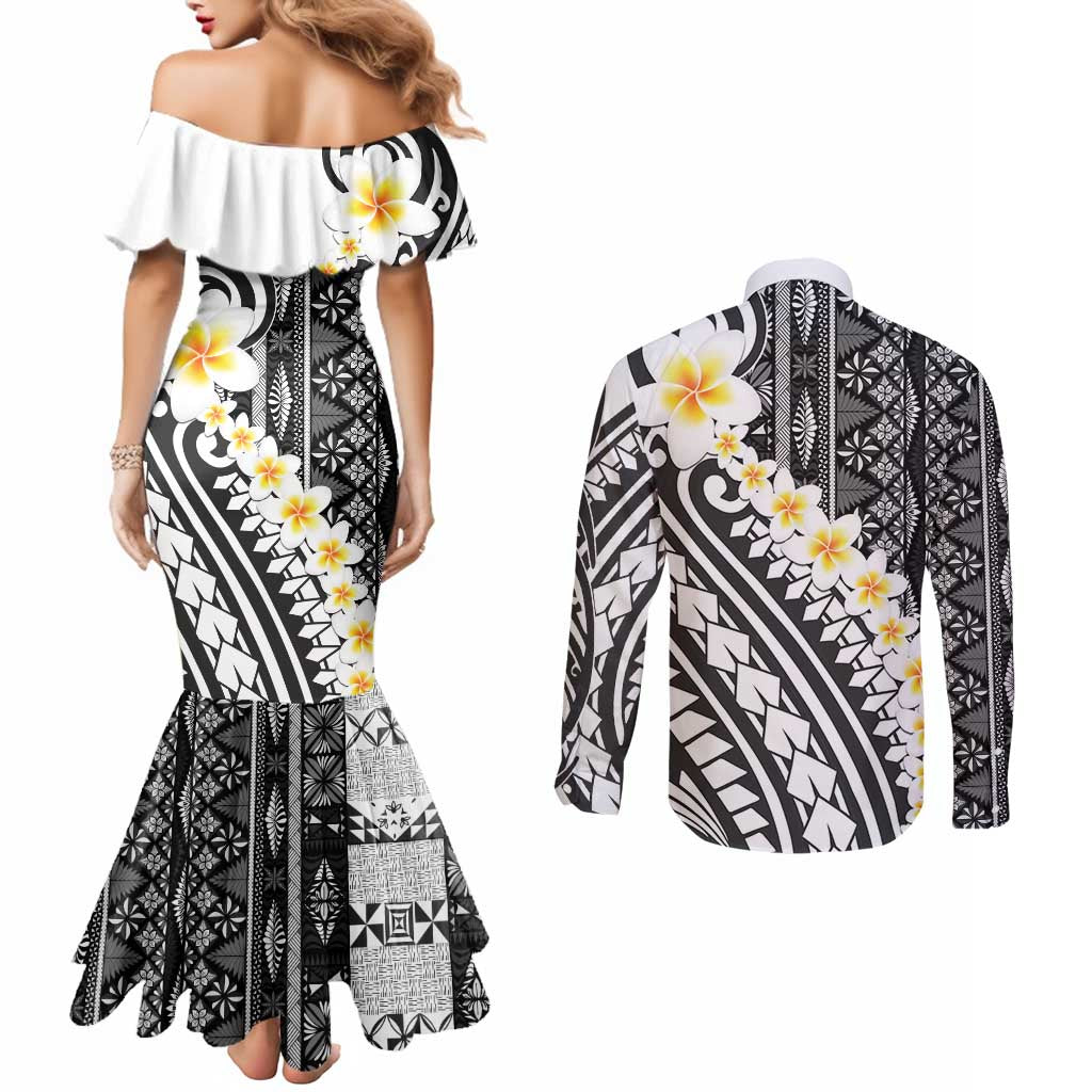 Black Vintage Tonga Ngatu Pattern With Plumeria Couples Matching Mermaid Dress and Long Sleeve Button Shirt - Polynesian Pride