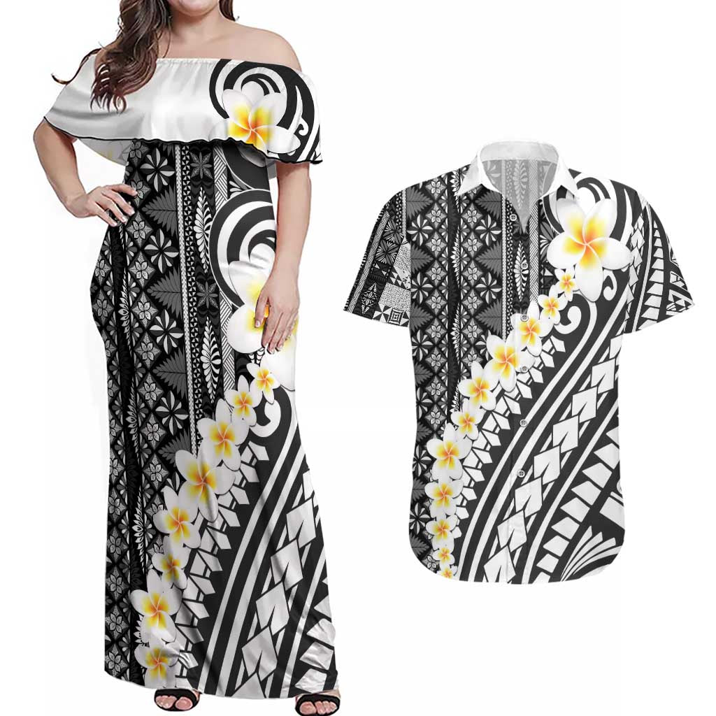 Black Vintage Tonga Ngatu Pattern With Plumeria Couples Matching Off Shoulder Maxi Dress and Hawaiian Shirt - Polynesian Pride
