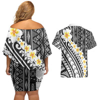 Black Vintage Tonga Ngatu Pattern With Plumeria Couples Matching Off Shoulder Short Dress and Hawaiian Shirt - Polynesian Pride