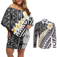 Black Vintage Tonga Ngatu Pattern With Plumeria Couples Matching Off Shoulder Short Dress and Long Sleeve Button Shirt - Polynesian Pride