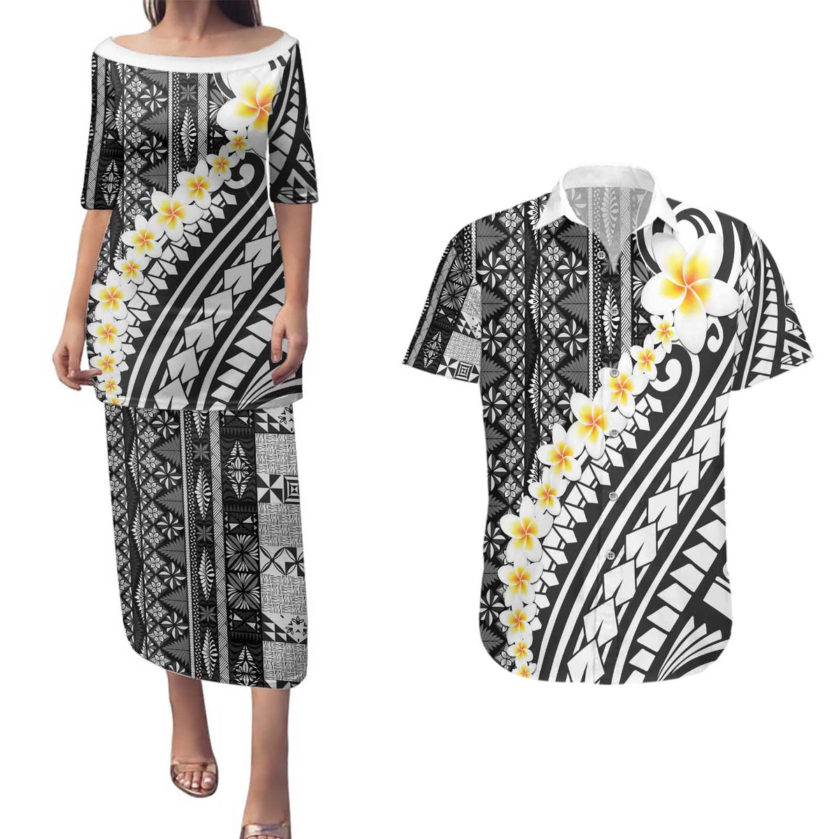 Black Vintage Tonga Ngatu Pattern With Plumeria Couples Matching Puletasi and Hawaiian Shirt - Polynesian Pride