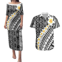 Black Vintage Tonga Ngatu Pattern With Plumeria Couples Matching Puletasi and Hawaiian Shirt - Polynesian Pride