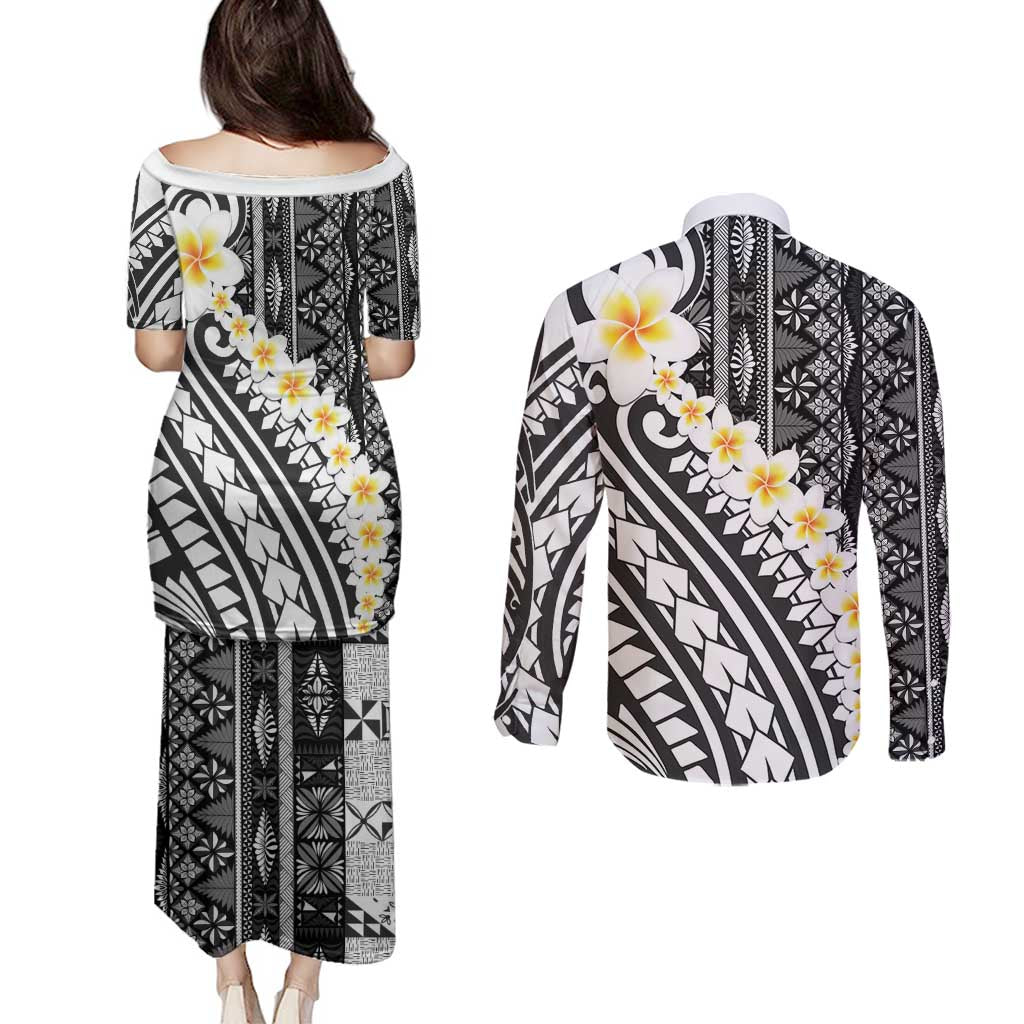 Black Vintage Tonga Ngatu Pattern With Plumeria Couples Matching Puletasi and Long Sleeve Button Shirt - Polynesian Pride