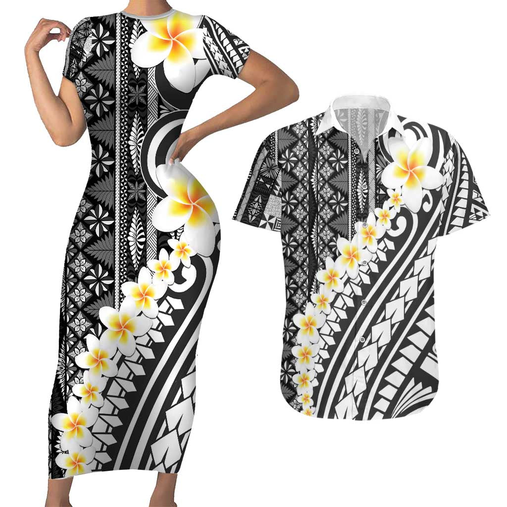 Black Vintage Tonga Ngatu Pattern With Plumeria Couples Matching Short Sleeve Bodycon Dress and Hawaiian Shirt - Polynesian Pride