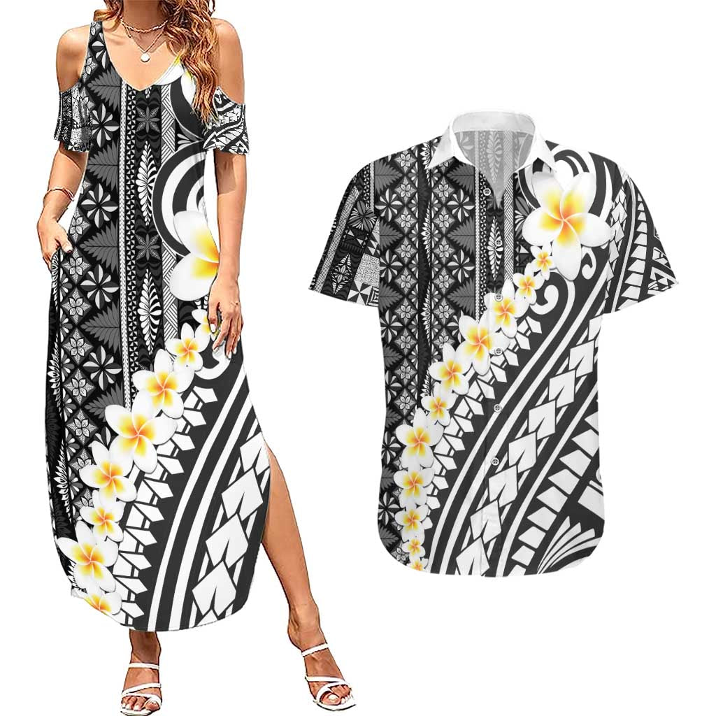 Black Vintage Tonga Ngatu Pattern With Plumeria Couples Matching Summer Maxi Dress and Hawaiian Shirt - Polynesian Pride