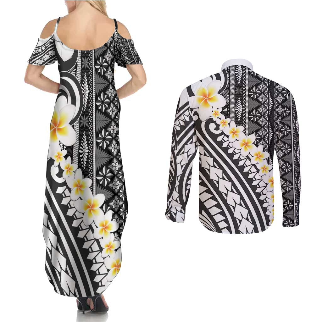 Black Vintage Tonga Ngatu Pattern With Plumeria Couples Matching Summer Maxi Dress and Long Sleeve Button Shirt - Polynesian Pride