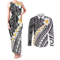 Black Vintage Tonga Ngatu Pattern With Plumeria Couples Matching Tank Maxi Dress and Long Sleeve Button Shirt - Polynesian Pride