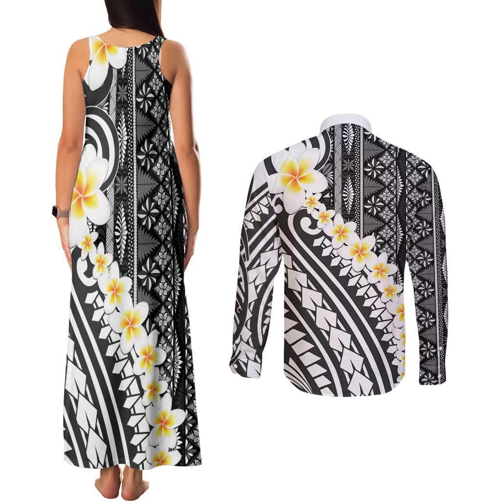 Black Vintage Tonga Ngatu Pattern With Plumeria Couples Matching Tank Maxi Dress and Long Sleeve Button Shirt - Polynesian Pride