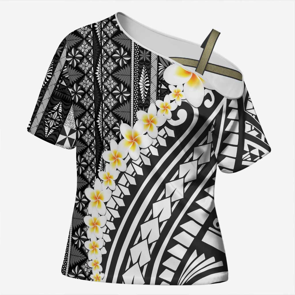 Black Vintage Tonga Ngatu Pattern With Plumeria Cross Shoulder Shirt - Polynesian Pride