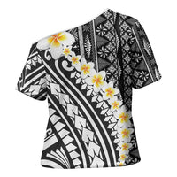 Black Vintage Tonga Ngatu Pattern With Plumeria Cross Shoulder Shirt - Polynesian Pride