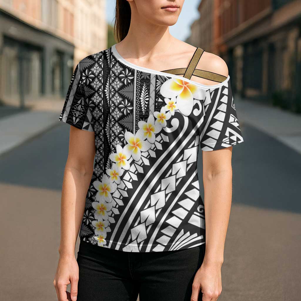 Black Vintage Tonga Ngatu Pattern With Plumeria Cross Shoulder Shirt - Polynesian Pride