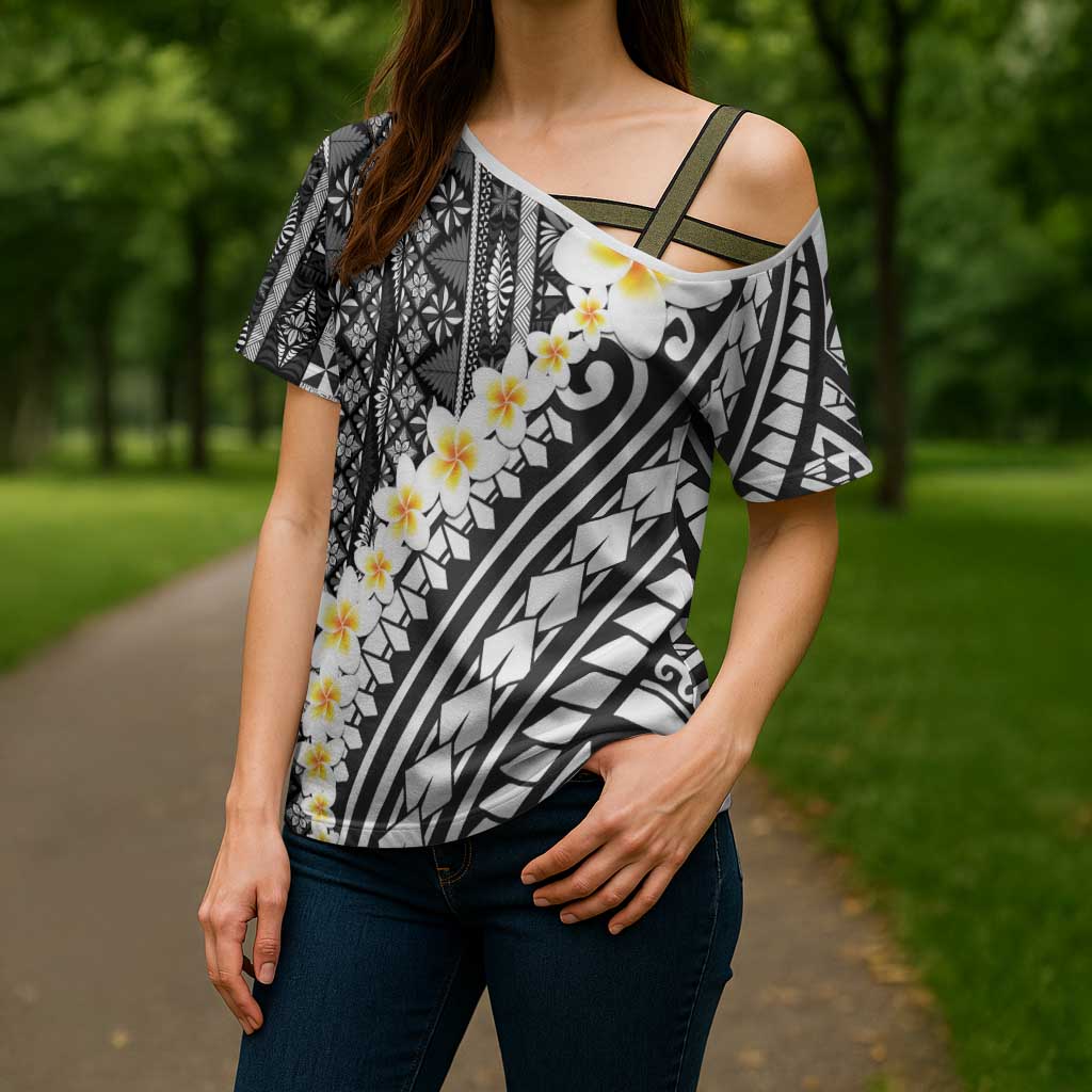 Black Vintage Tonga Ngatu Pattern With Plumeria Cross Shoulder Shirt - Polynesian Pride