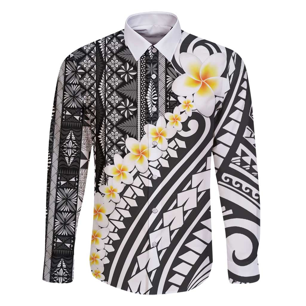 Black Vintage Tonga Ngatu Pattern With Plumeria Family Matching Long Sleeve Bodycon Dress and Hawaiian Shirt - Polynesian Pride