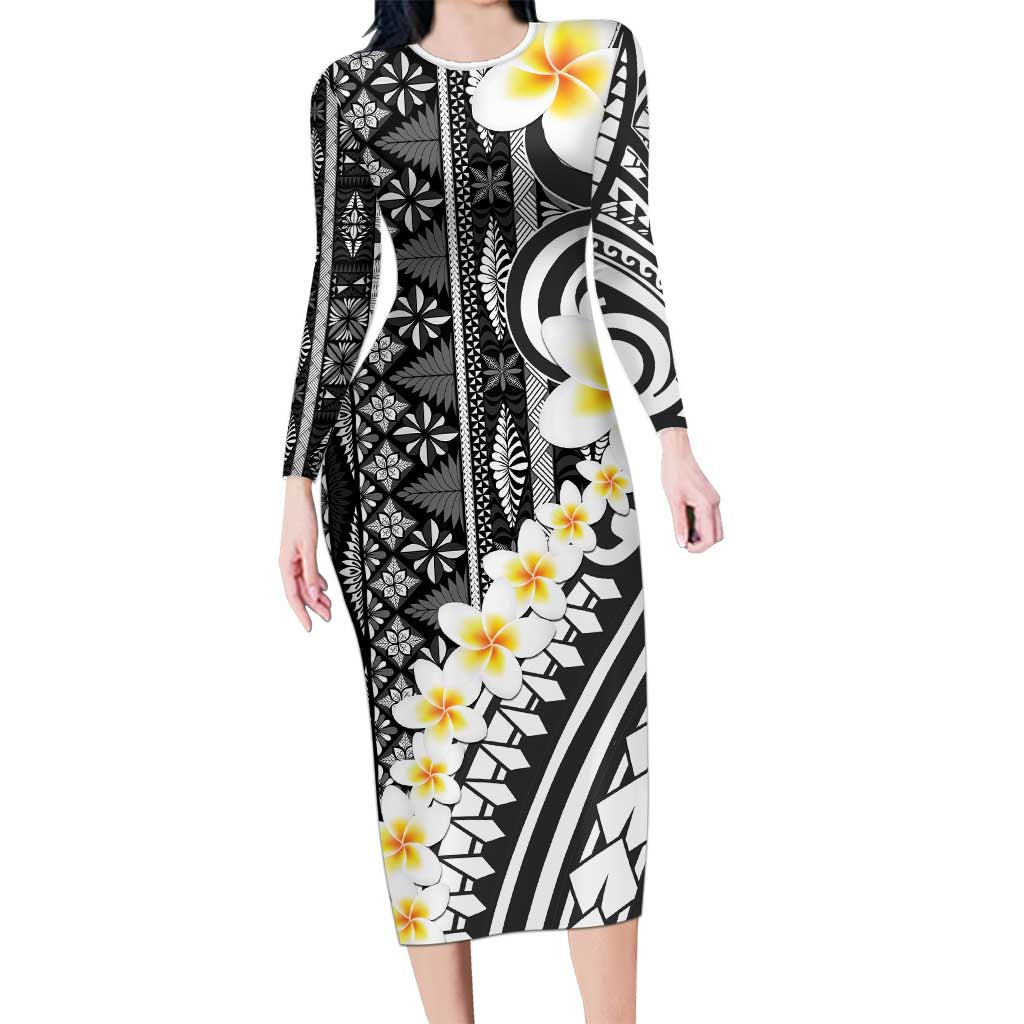 Black Vintage Tonga Ngatu Pattern With Plumeria Family Matching Long Sleeve Bodycon Dress and Hawaiian Shirt - Polynesian Pride