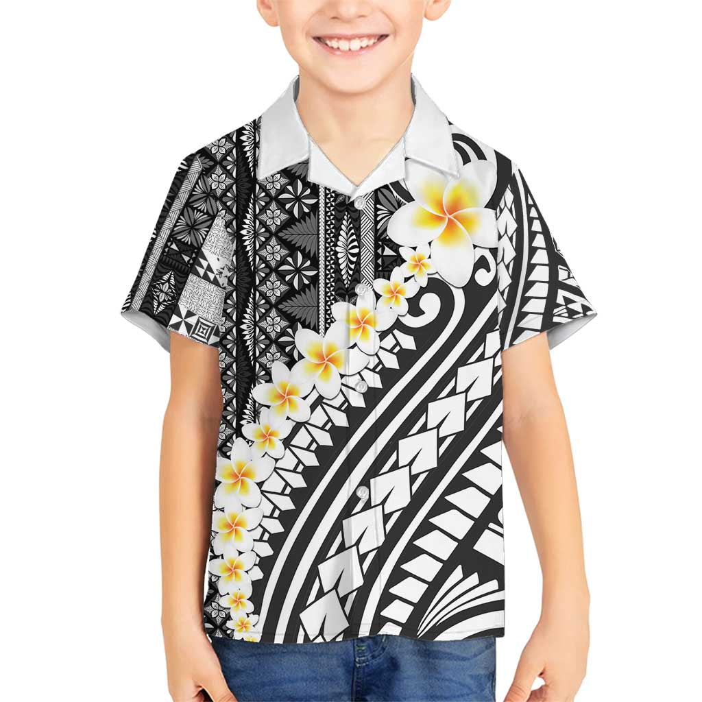 Black Vintage Tonga Ngatu Pattern With Plumeria Family Matching Long Sleeve Bodycon Dress and Hawaiian Shirt - Polynesian Pride