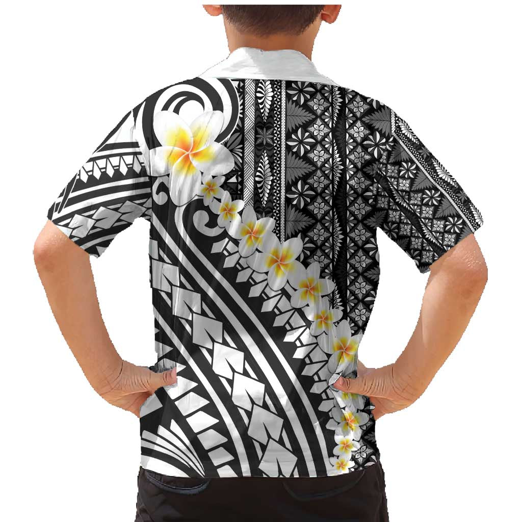 Black Vintage Tonga Ngatu Pattern With Plumeria Family Matching Mermaid Dress and Hawaiian Shirt - Polynesian Pride
