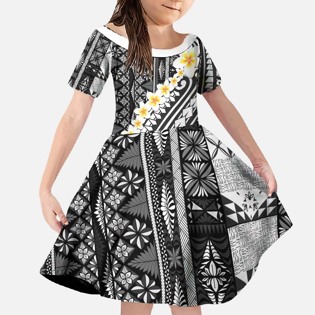 Black Vintage Tonga Ngatu Pattern With Plumeria Family Matching Mermaid Dress and Hawaiian Shirt - Polynesian Pride
