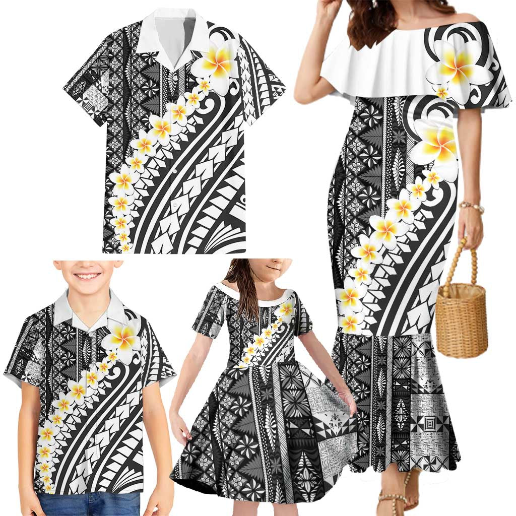 Black Vintage Tonga Ngatu Pattern With Plumeria Family Matching Mermaid Dress and Hawaiian Shirt - Polynesian Pride