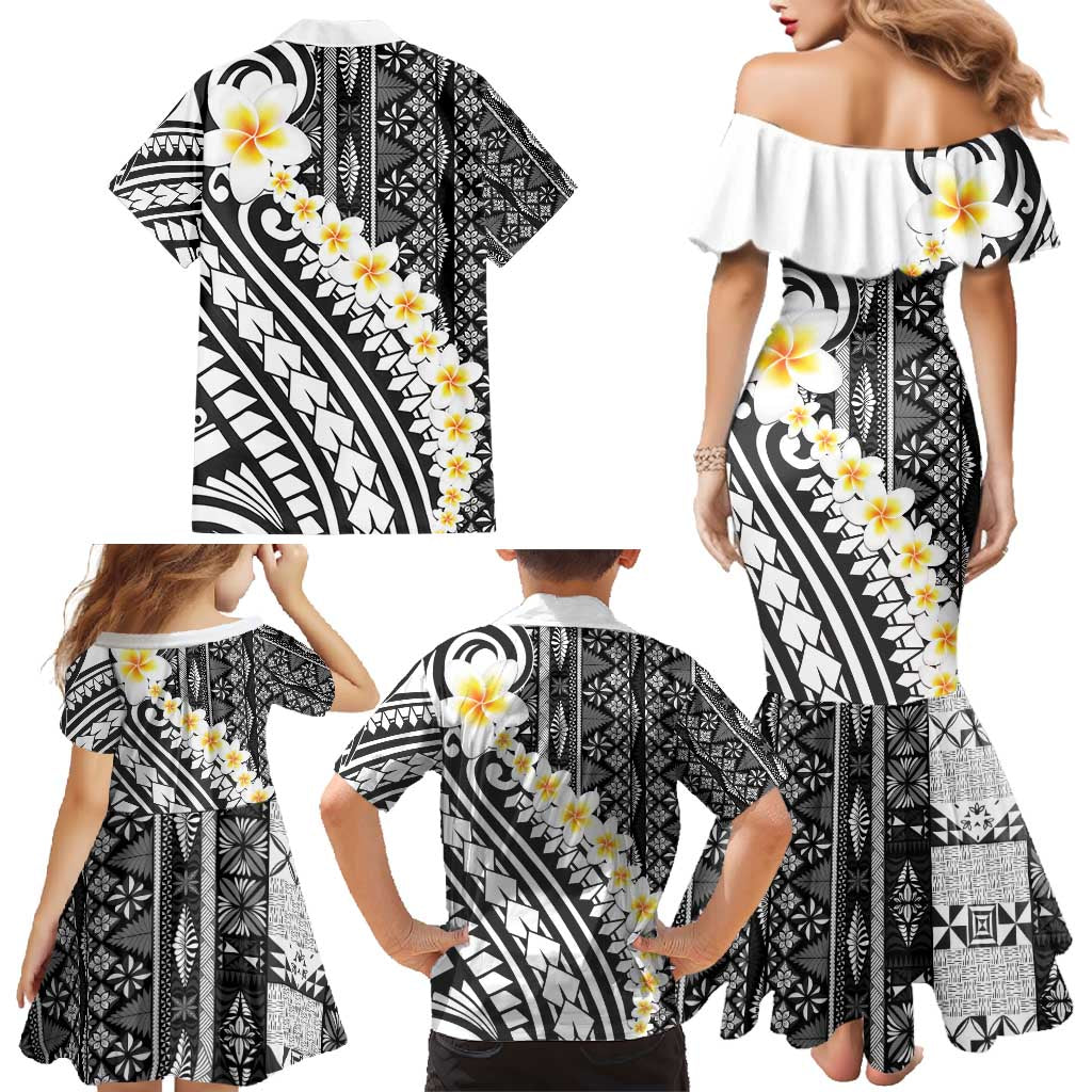 Black Vintage Tonga Ngatu Pattern With Plumeria Family Matching Mermaid Dress and Hawaiian Shirt - Polynesian Pride