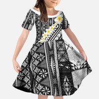 Black Vintage Tonga Ngatu Pattern With Plumeria Family Matching Off The Shoulder Long Sleeve Dress and Hawaiian Shirt - Polynesian Pride