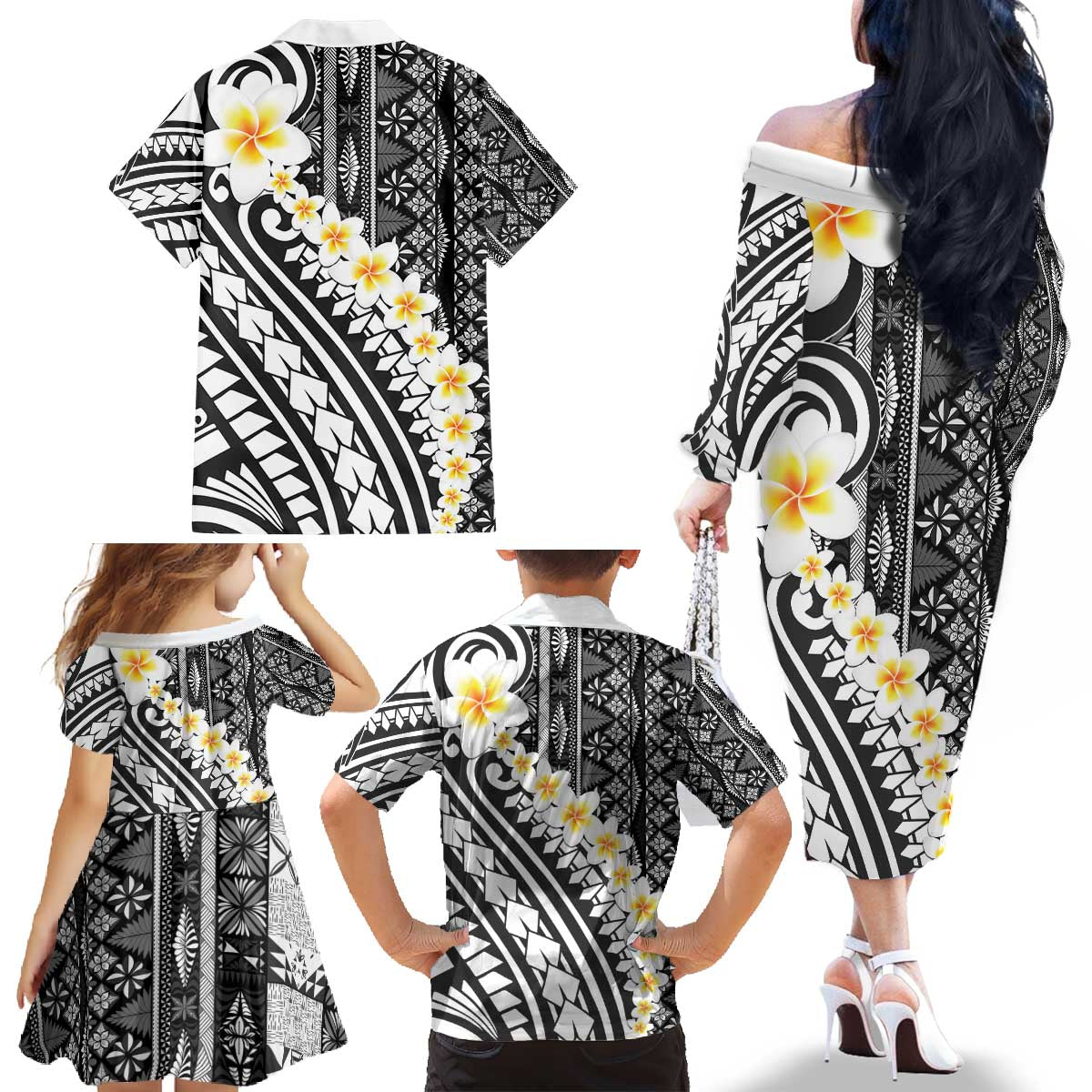 Black Vintage Tonga Ngatu Pattern With Plumeria Family Matching Off The Shoulder Long Sleeve Dress and Hawaiian Shirt - Polynesian Pride