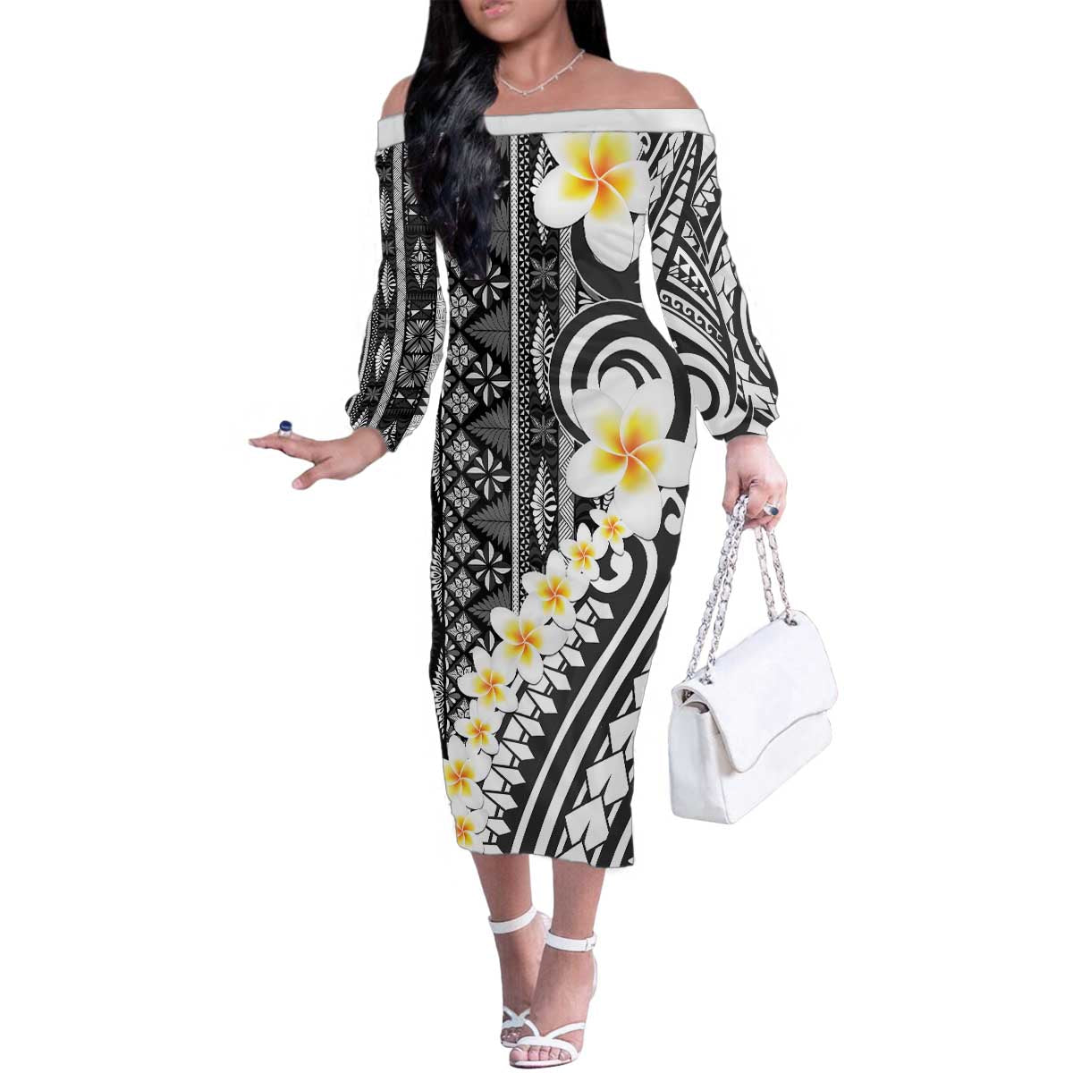 Black Vintage Tonga Ngatu Pattern With Plumeria Family Matching Off The Shoulder Long Sleeve Dress and Hawaiian Shirt - Polynesian Pride