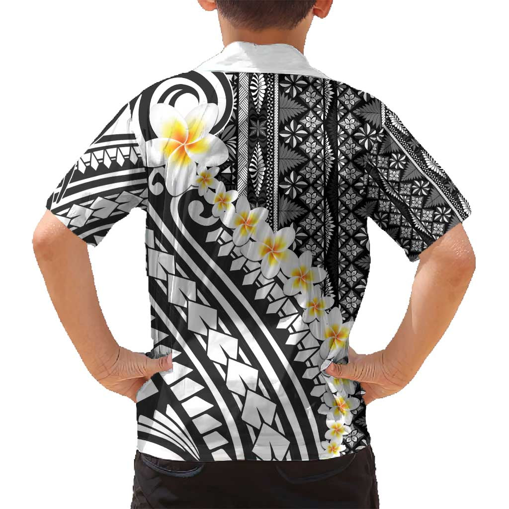 Black Vintage Tonga Ngatu Pattern With Plumeria Family Matching Off Shoulder Short Dress and Hawaiian Shirt - Polynesian Pride