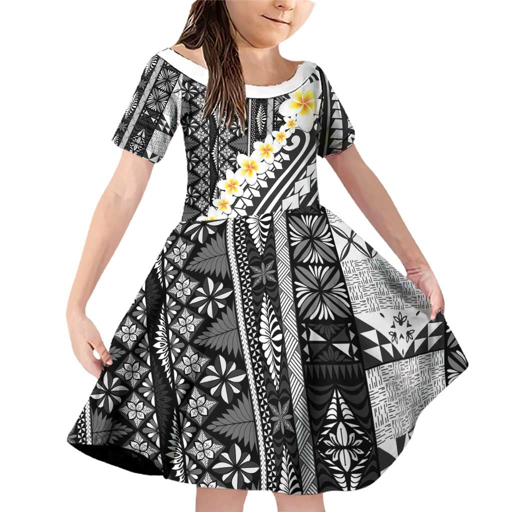 Black Vintage Tonga Ngatu Pattern With Plumeria Family Matching Off Shoulder Short Dress and Hawaiian Shirt - Polynesian Pride