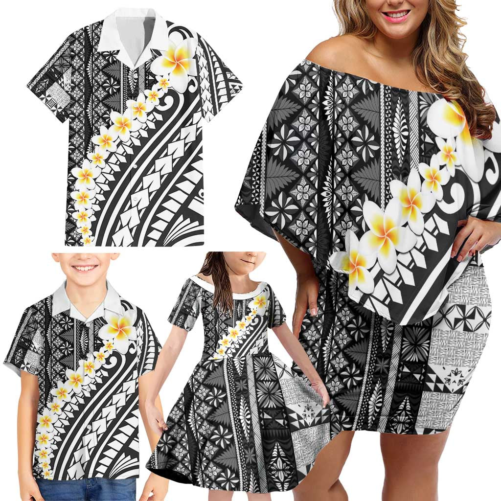 Black Vintage Tonga Ngatu Pattern With Plumeria Family Matching Off Shoulder Short Dress and Hawaiian Shirt - Polynesian Pride