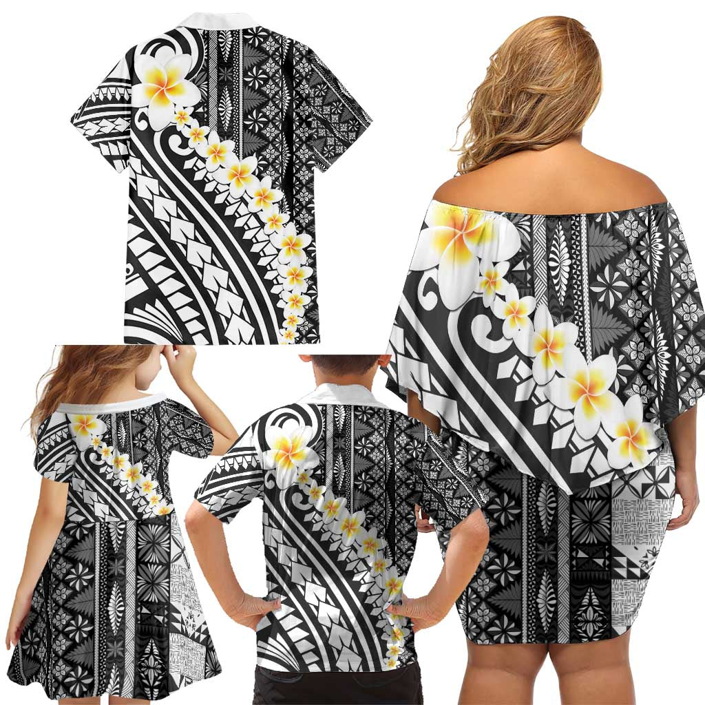 Black Vintage Tonga Ngatu Pattern With Plumeria Family Matching Off Shoulder Short Dress and Hawaiian Shirt - Polynesian Pride