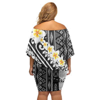 Black Vintage Tonga Ngatu Pattern With Plumeria Family Matching Off Shoulder Short Dress and Hawaiian Shirt - Polynesian Pride