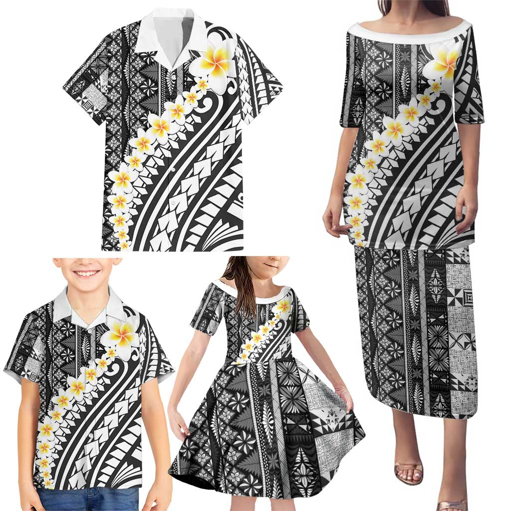 Black Vintage Tonga Ngatu Pattern With Plumeria Family Matching Puletasi and Hawaiian Shirt - Polynesian Pride
