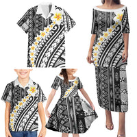 Black Vintage Tonga Ngatu Pattern With Plumeria Family Matching Puletasi and Hawaiian Shirt - Polynesian Pride