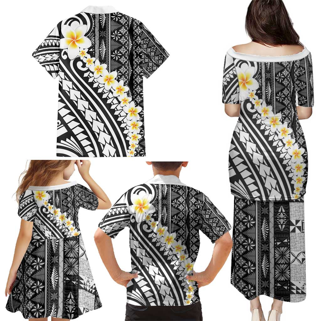 Black Vintage Tonga Ngatu Pattern With Plumeria Family Matching Puletasi and Hawaiian Shirt - Polynesian Pride