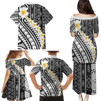 Black Vintage Tonga Ngatu Pattern With Plumeria Family Matching Puletasi and Hawaiian Shirt - Polynesian Pride