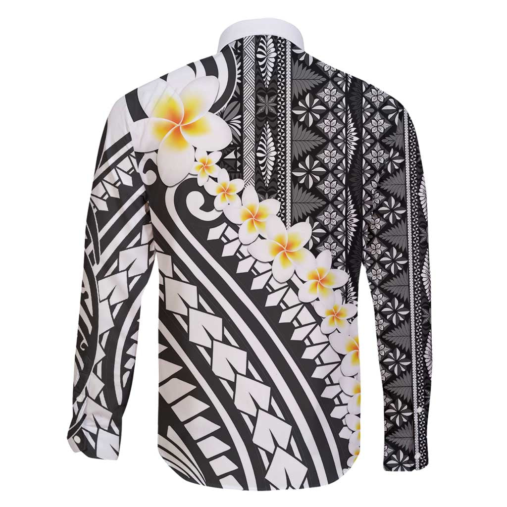 Black Vintage Tonga Ngatu Pattern With Plumeria Family Matching Puletasi and Hawaiian Shirt - Polynesian Pride